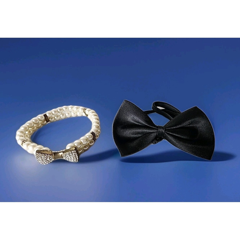 Lot 2 Pet Fancy Faux Pearl Collar w/Rhinestone Bow & Black Tie Cat Dog Dress-Up